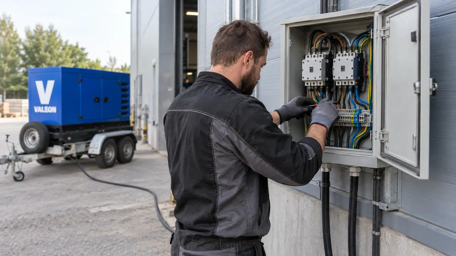 Otevřená skříň automatického přepínače ATS na zdi haly, do které vede kabel od sítě a kabel od modré elektrocentrály Valeon.