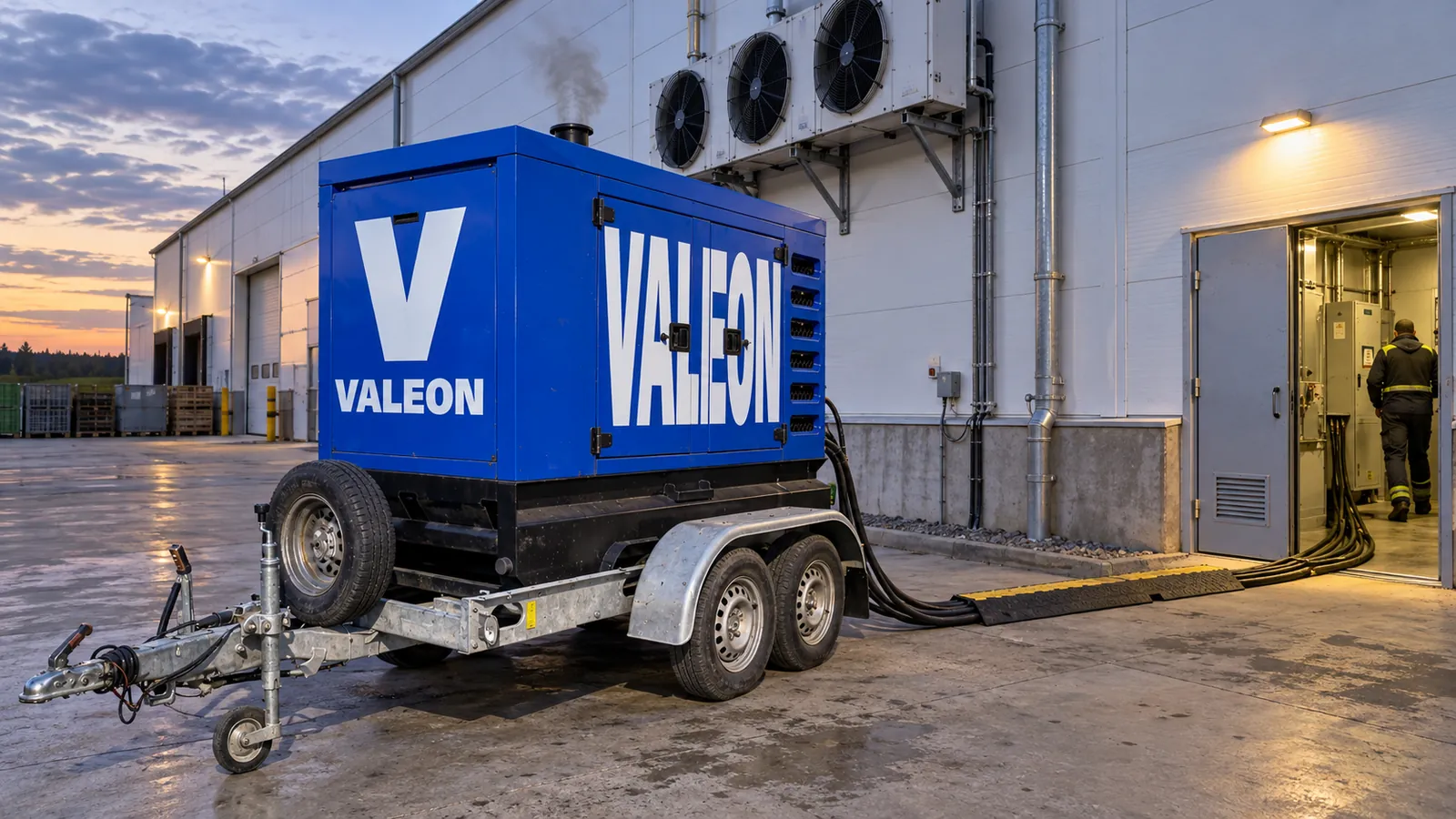 Modrá elektrocentrála Valeon na přívěsu u chladírenské haly, napojená kabely do rozvodny jako záloha pro případ výpadku.