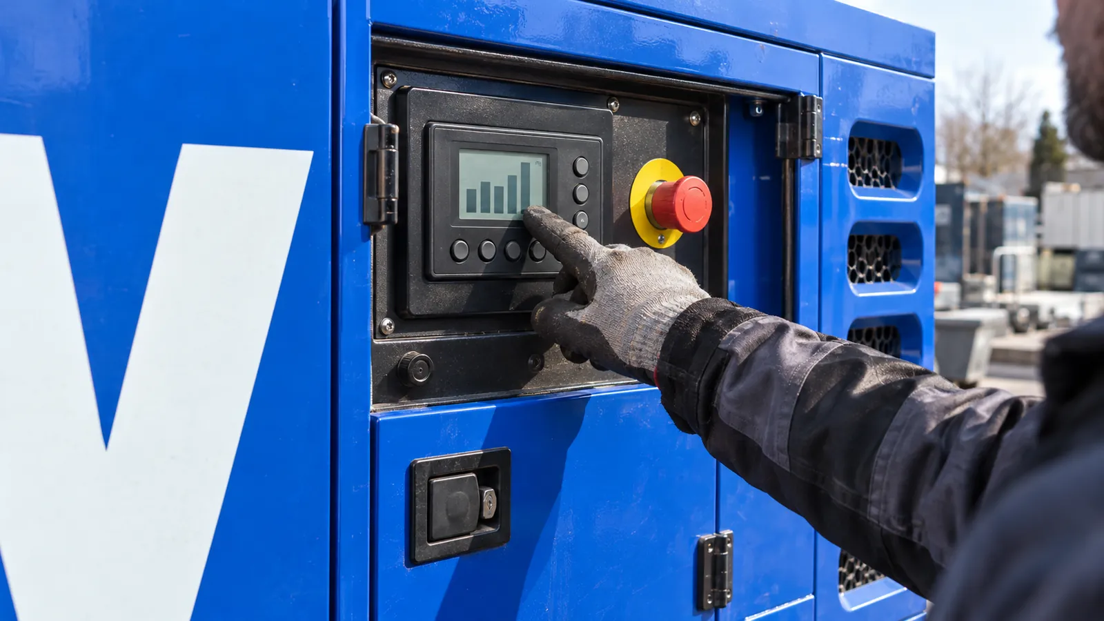 Detail řídicí jednotky na kapotě modré elektrocentrály Valeon, technik kontroluje stav stroje na displeji.