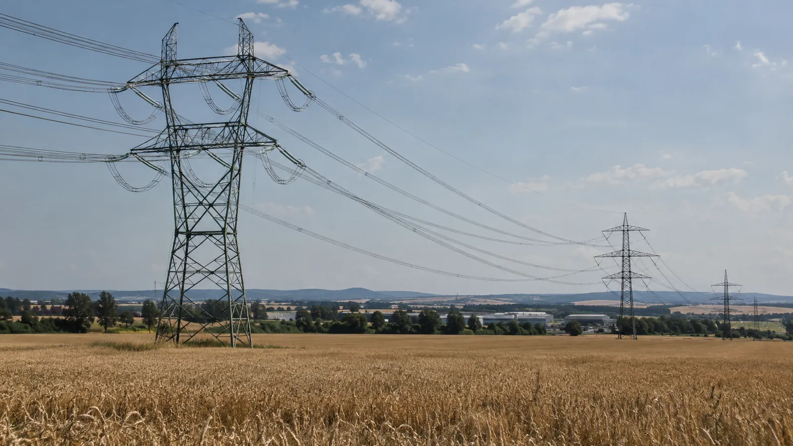 Stožáry vedení zvláště vysokého napětí nad obilným polem, v dálce průmyslové haly