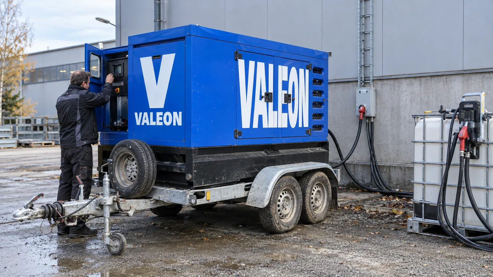 Modrá elektrocentrála Valeon na přívěsu stojí u výrobní haly, vedle ní nádrž na naftu a kabel vedený do rozvodny