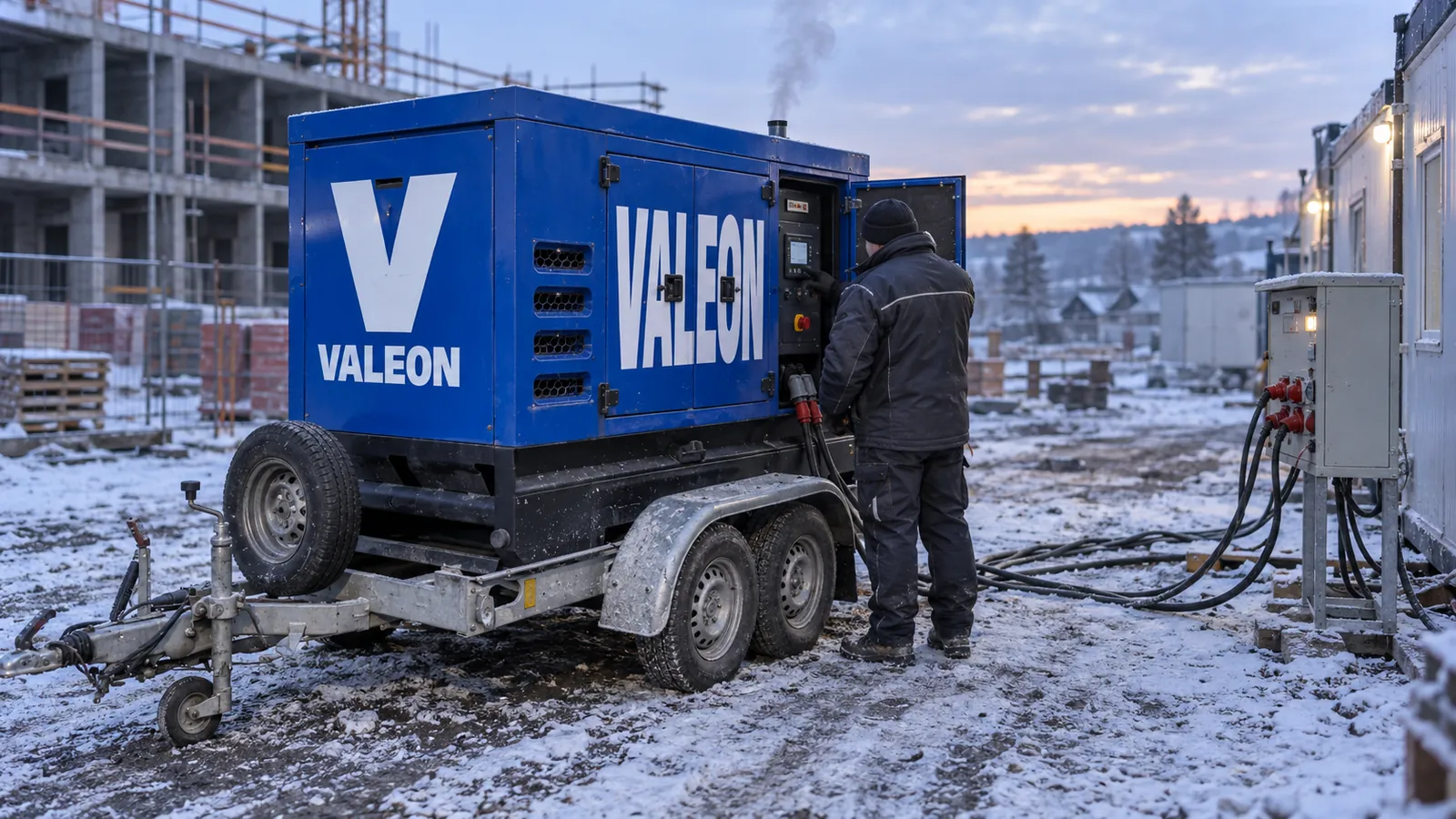 Technik u ovládacího panelu modré elektrocentrály Valeon na zasněžené stavbě za ranního mrazu, kabel vede ke stavebním buňkám