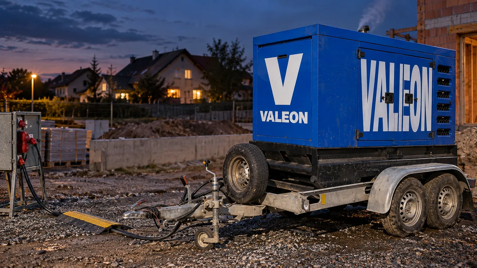 Modrá kapotovaná elektrocentrála Valeon na přívěsu stojí v odstupu od obytných domů, kabel vede po zemi přes kabelový přejezd