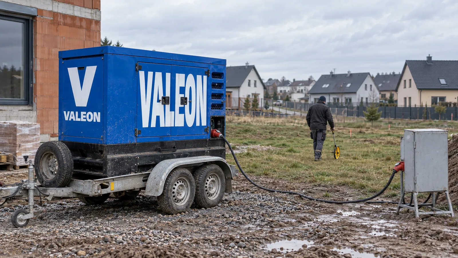 Technik odměřuje vzdálenost od modré elektrocentrály Valeon k oknům nejbližšího domu při výběru stanoviště