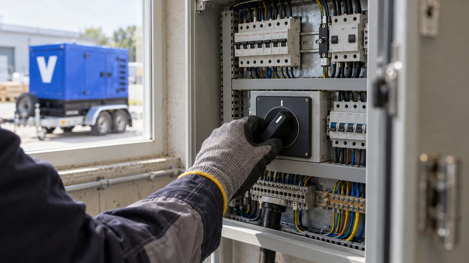 Elektrikář přepíná otočný přepínač sítí v hlavním rozvaděči z polohy síť do polohy centrála.