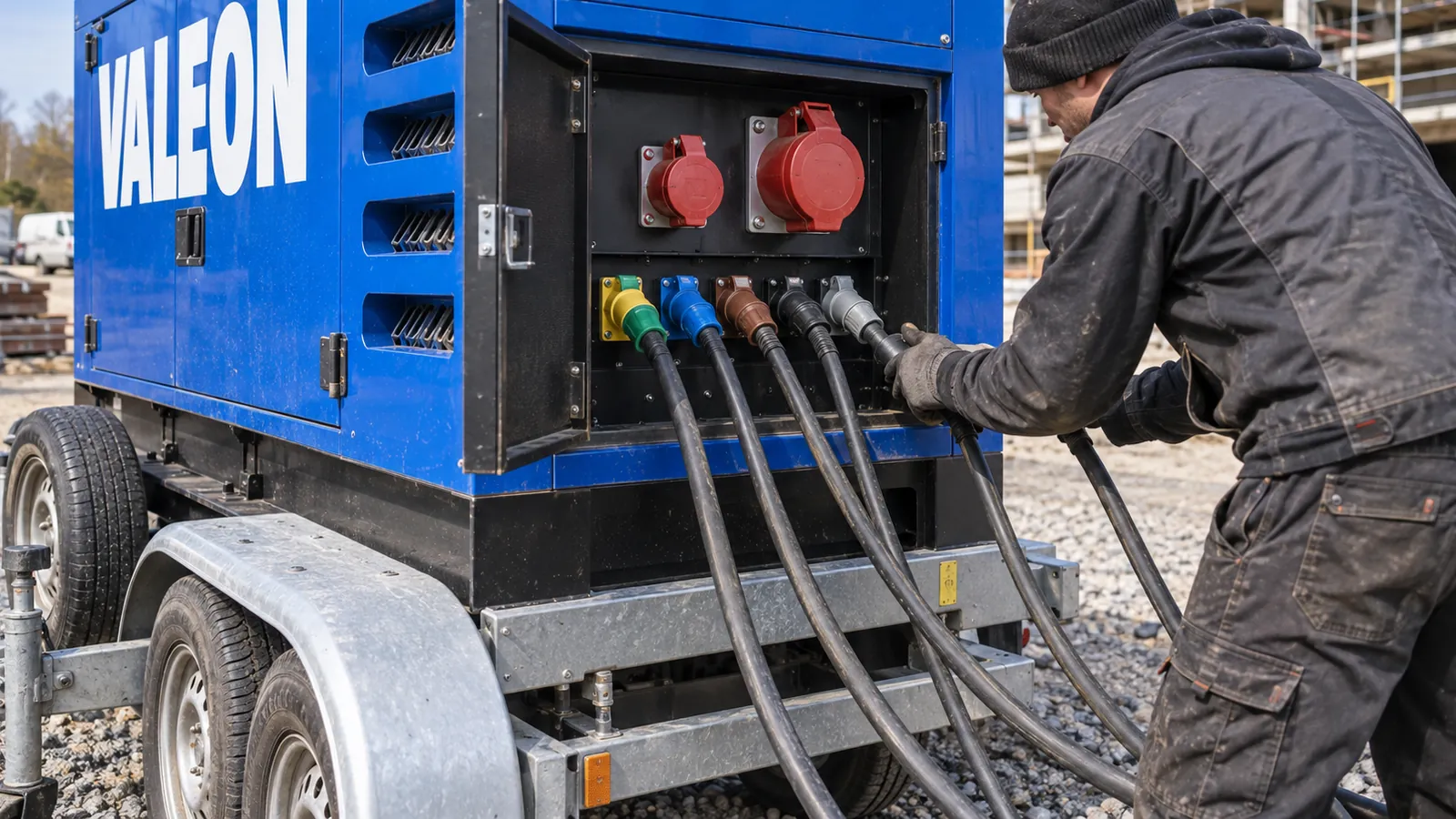 Panel vývodů modré elektrocentrály VALEON s průmyslovými zásuvkami a připojenými konektory Powerlock.