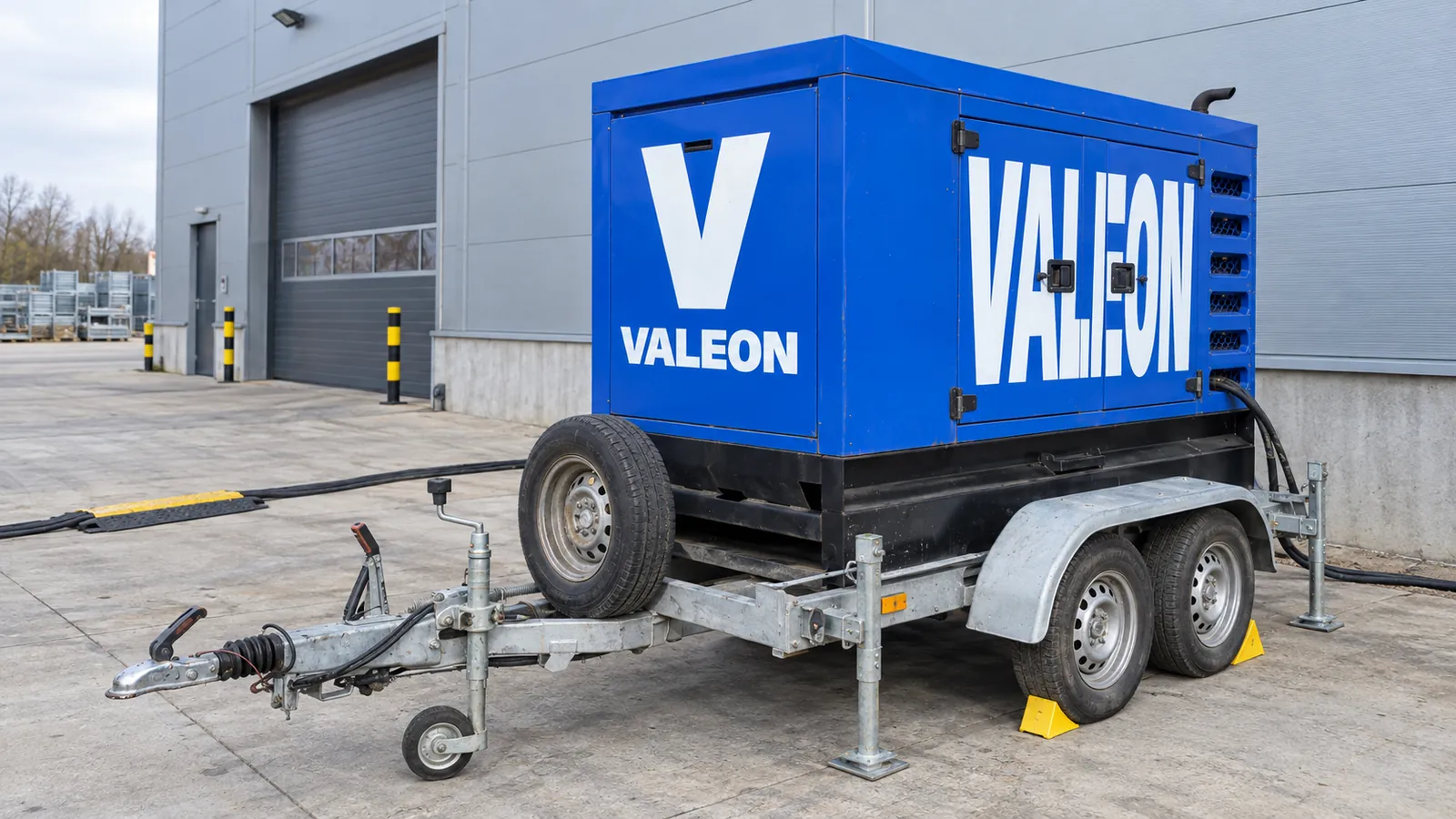 Modrá elektrocentrála VALEON na přívěsu stojí na zpevněné ploše u haly, kabel vede přes kabelový přejezd k budově.