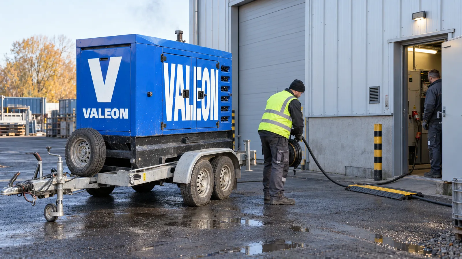 Modrá elektrocentrála Valeon na přívěsu před výrobní halou, technik ráno natahuje kabel ke dveřím rozvodny, kde čeká elektrikář