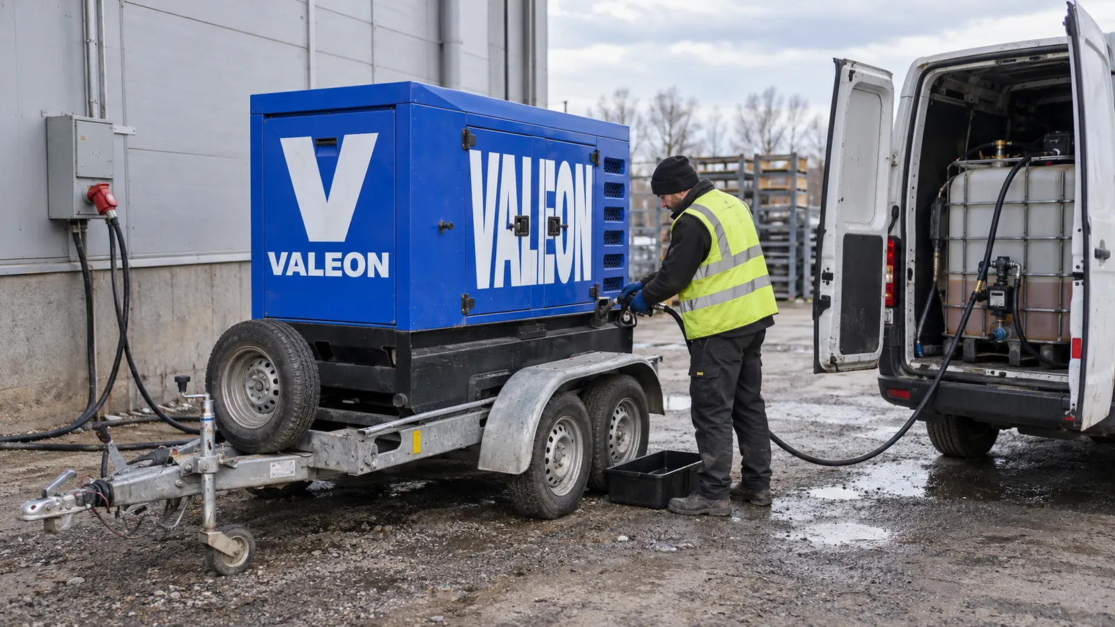 Technik doplňuje naftu do běžící modré elektrocentrály Valeon u skladové haly, vedle stojí dodávka s nádrží na palivo