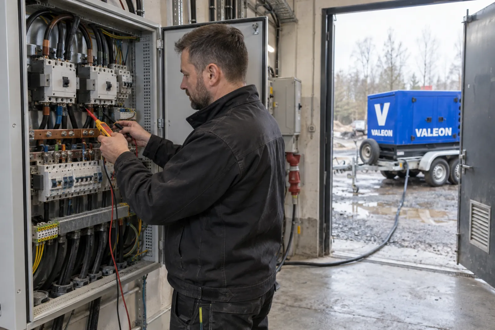 Elektrotechnik kontroluje automatický přepínač ATS v rozvaděči firmy, v pozadí stojí modrá elektrocentrála Valeon