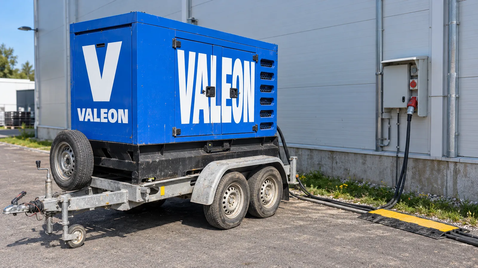 Modrá mobilní elektrocentrála Valeon na přívěsu u výrobní haly, kabel vede přes kabelový přejezd k rozvodnici na stěně