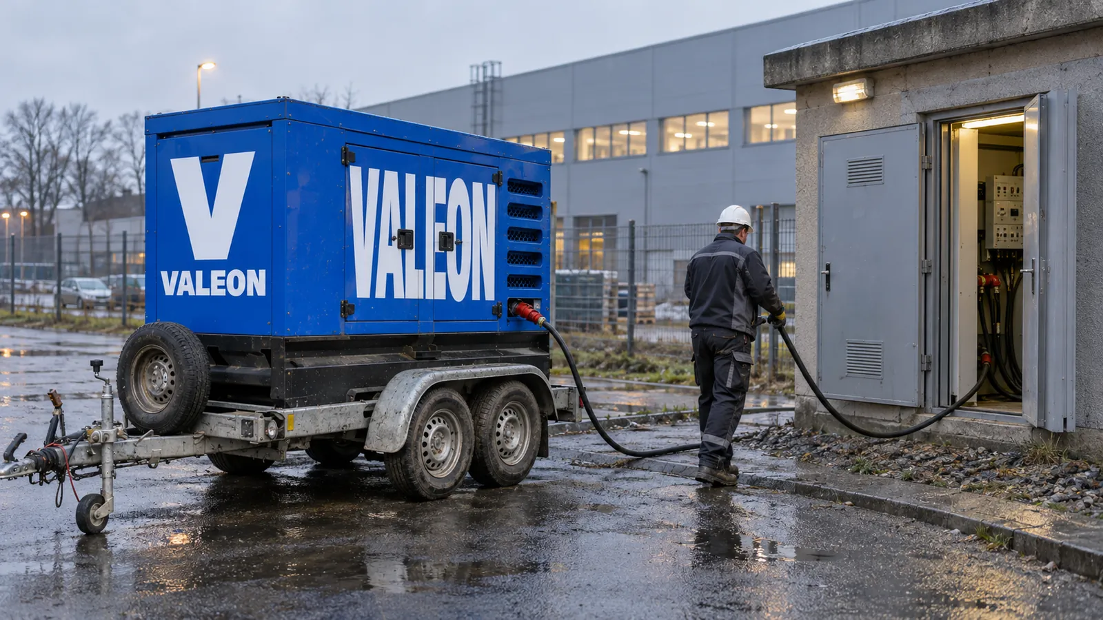 Modrá elektrocentrála Valeon na přívěsu u zděné trafostanice, technik vede silový kabel do otevřené rozvodny