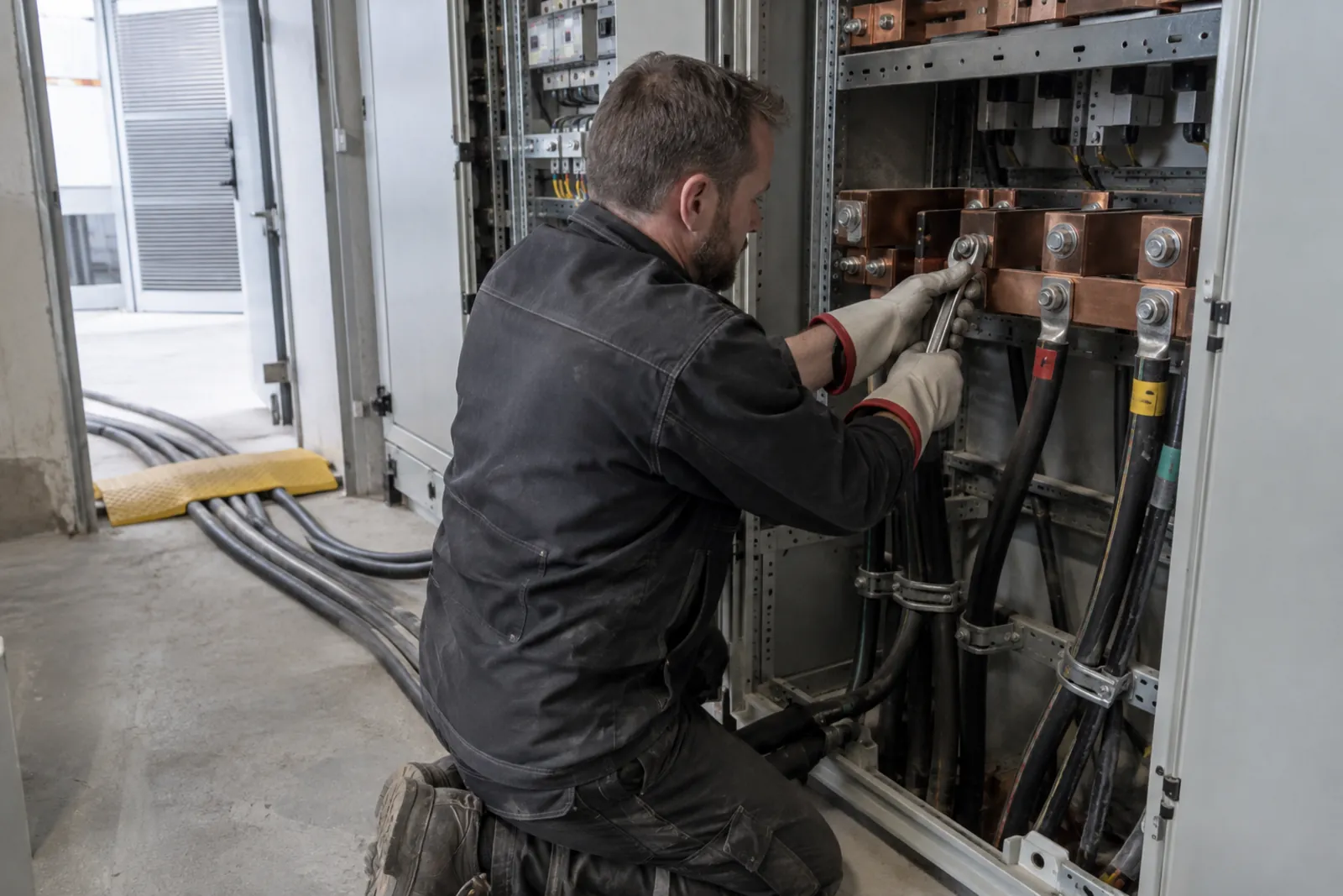Elektrikář v izolačních rukavicích připojuje silový kabel do otevřeného rozvaděče nízkého napětí