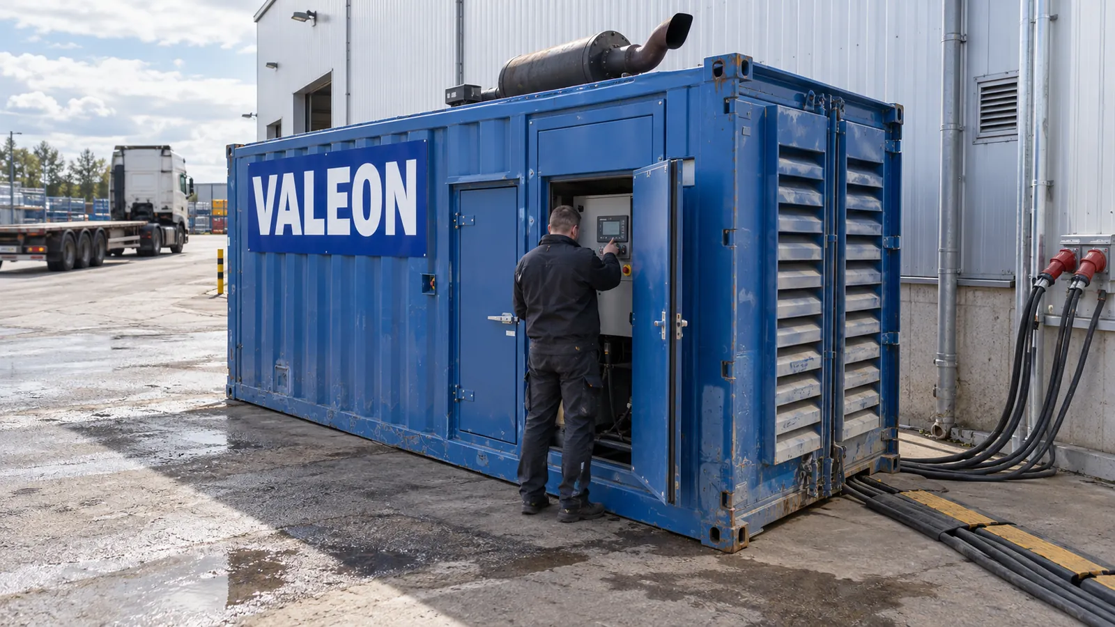 Modrá kontejnerová elektrocentrála Valeon u výrobní haly, od stroje vedou silové kabely k budově