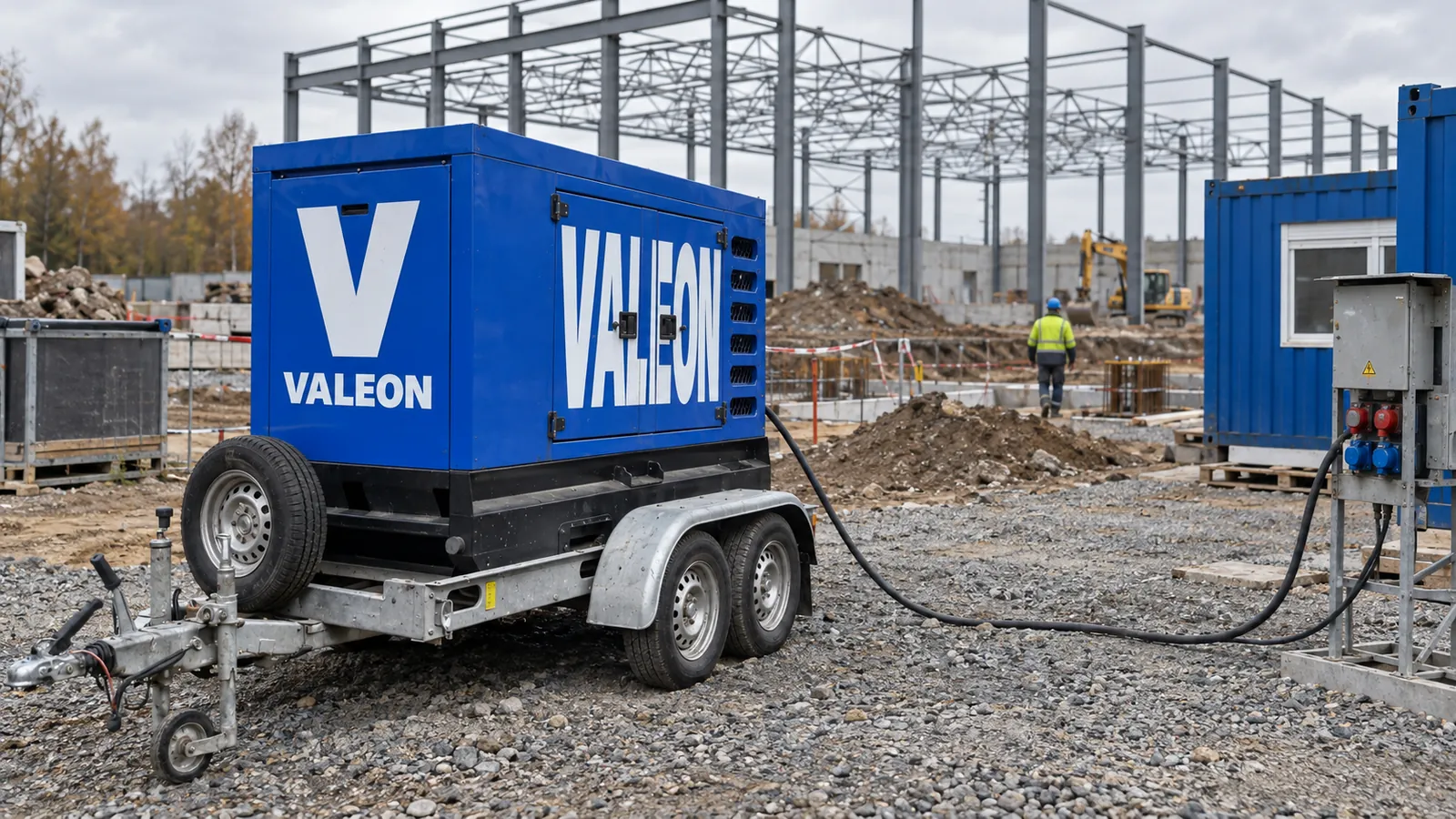 Modrá mobilní elektrocentrála Valeon na přívěsu napájí kabelem staveništní rozvaděč na stavbě bez přípojky