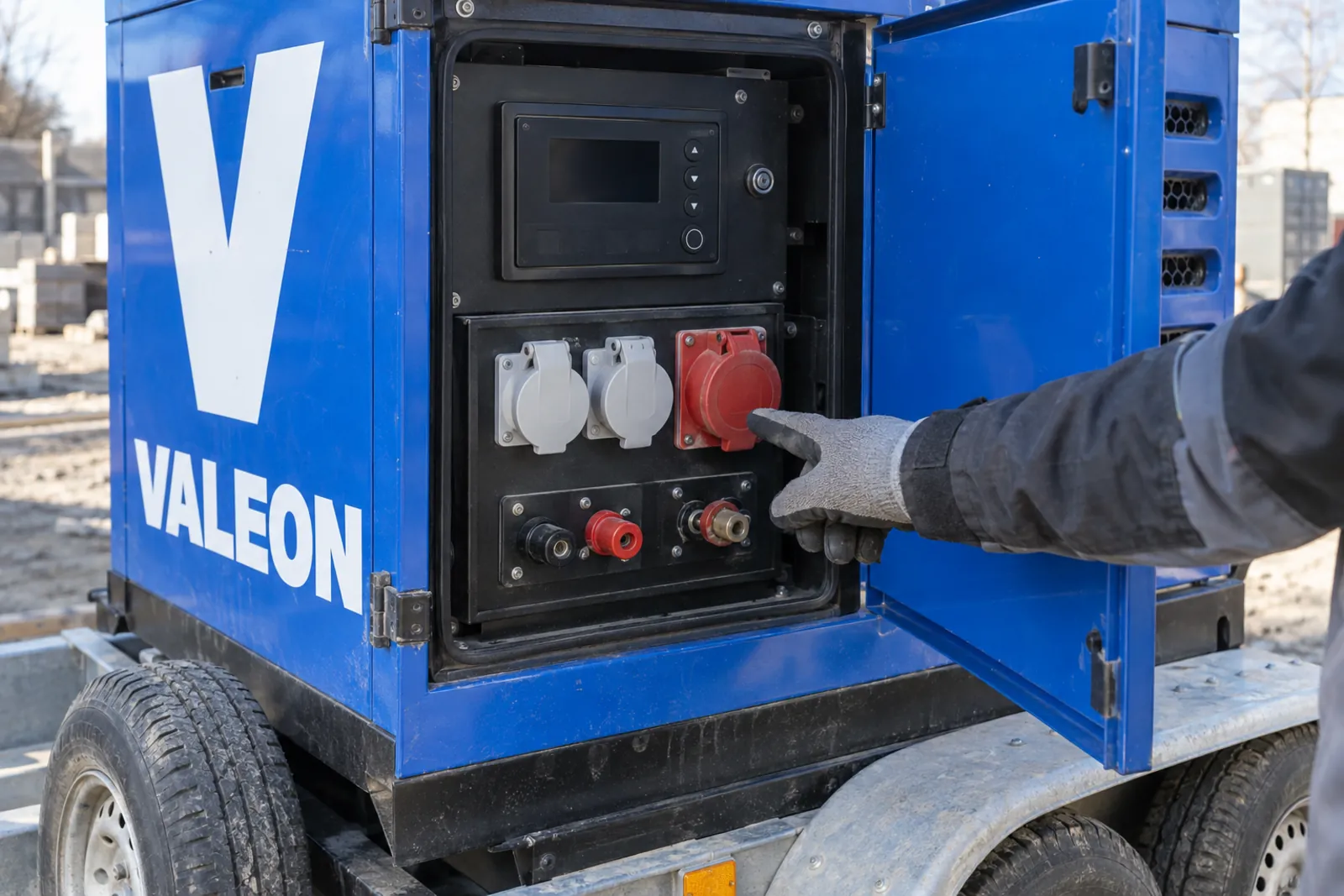 Technik u otevřeného ovládacího panelu modré elektrocentrály Valeon s řídicí jednotkou a zásuvkami pro připojení