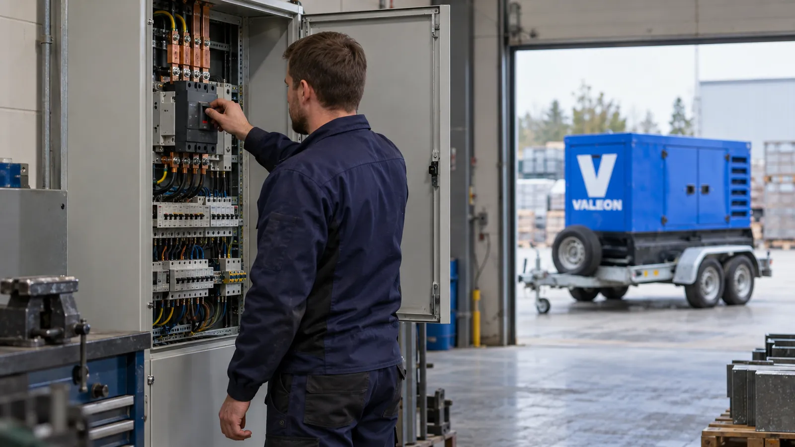 Elektrikář kontroluje hlavní jistič v rozvaděči výrobní haly, venku stojí modrá elektrocentrála Valeon
