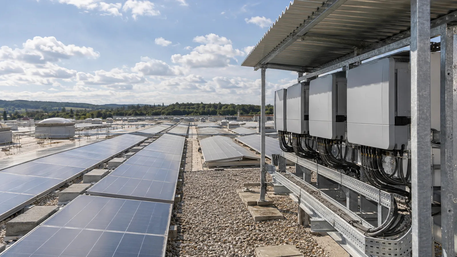 Řady fotovoltaických panelů na střeše výrobní haly a průmyslové střídače připojené kabely