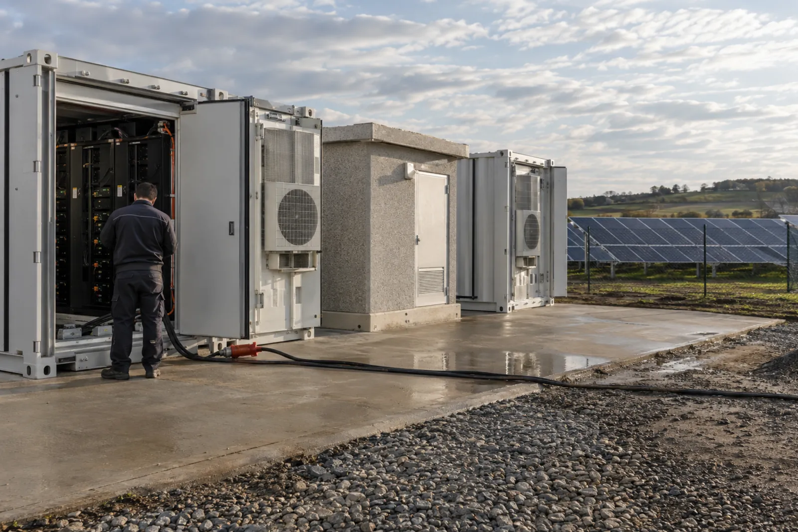 Kontejnerové bateriové úložiště a trafostanice vedle pozemní fotovoltaické elektrárny