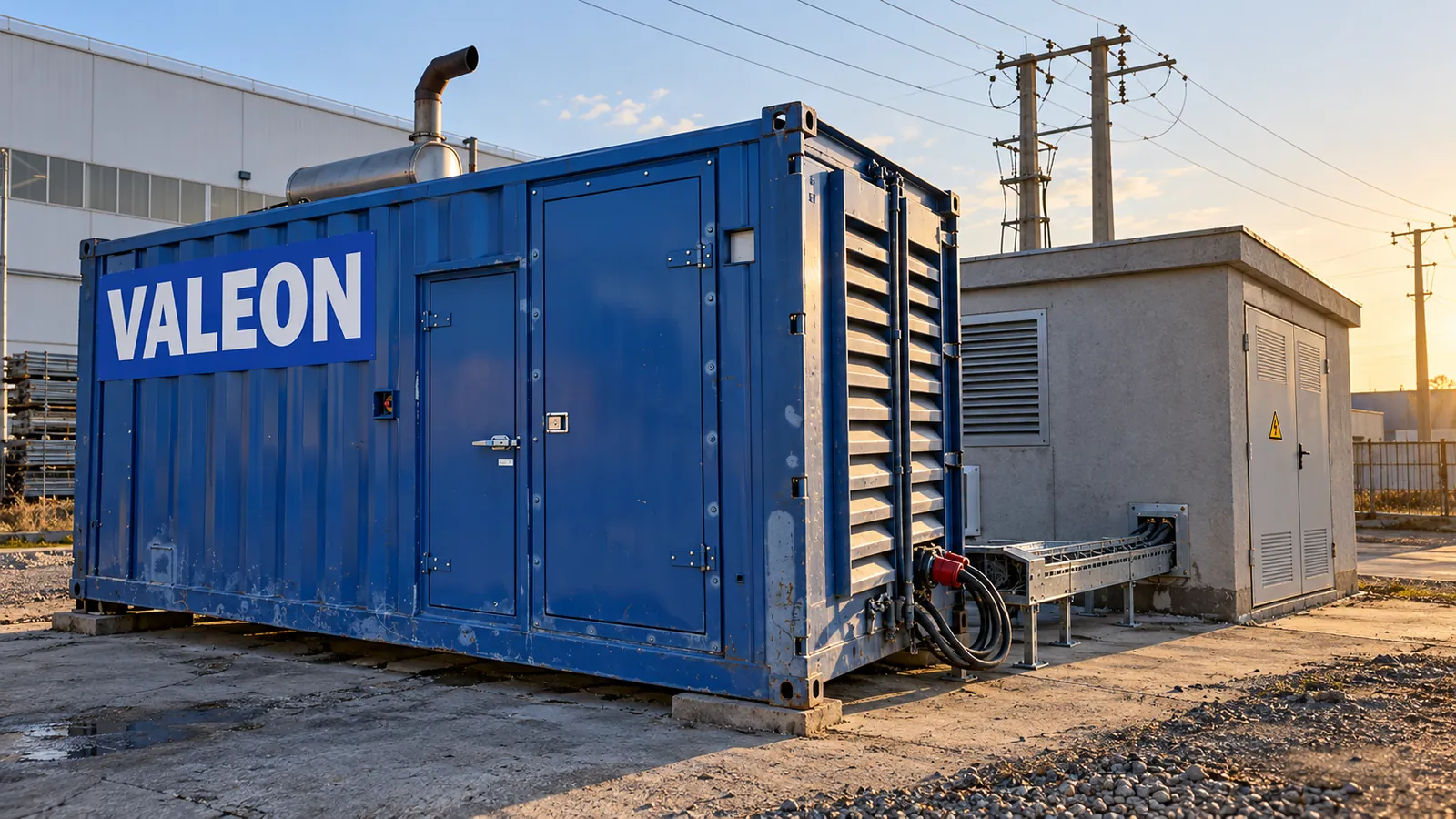 Modrý kontejnerový dieselagregát Valeon u trafostanice vysokého napětí v průmyslovém areálu