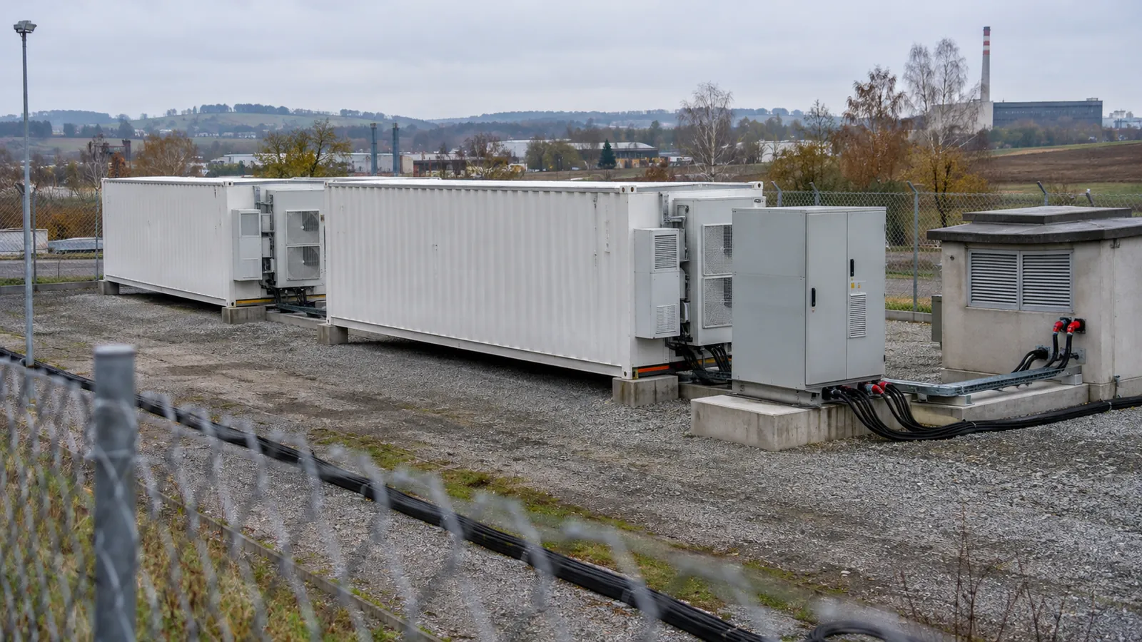 Kontejnerové bateriové úložiště se střídačem a trafostanicí na zpevněné ploše za oplocením