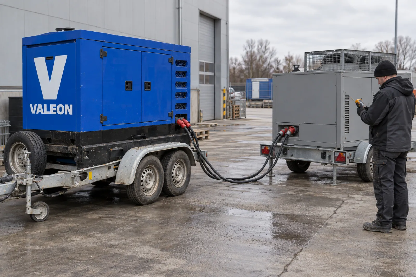 Technik provádí zátěžovou zkoušku modrého dieselagregátu Valeon s mobilní odporovou zátěží