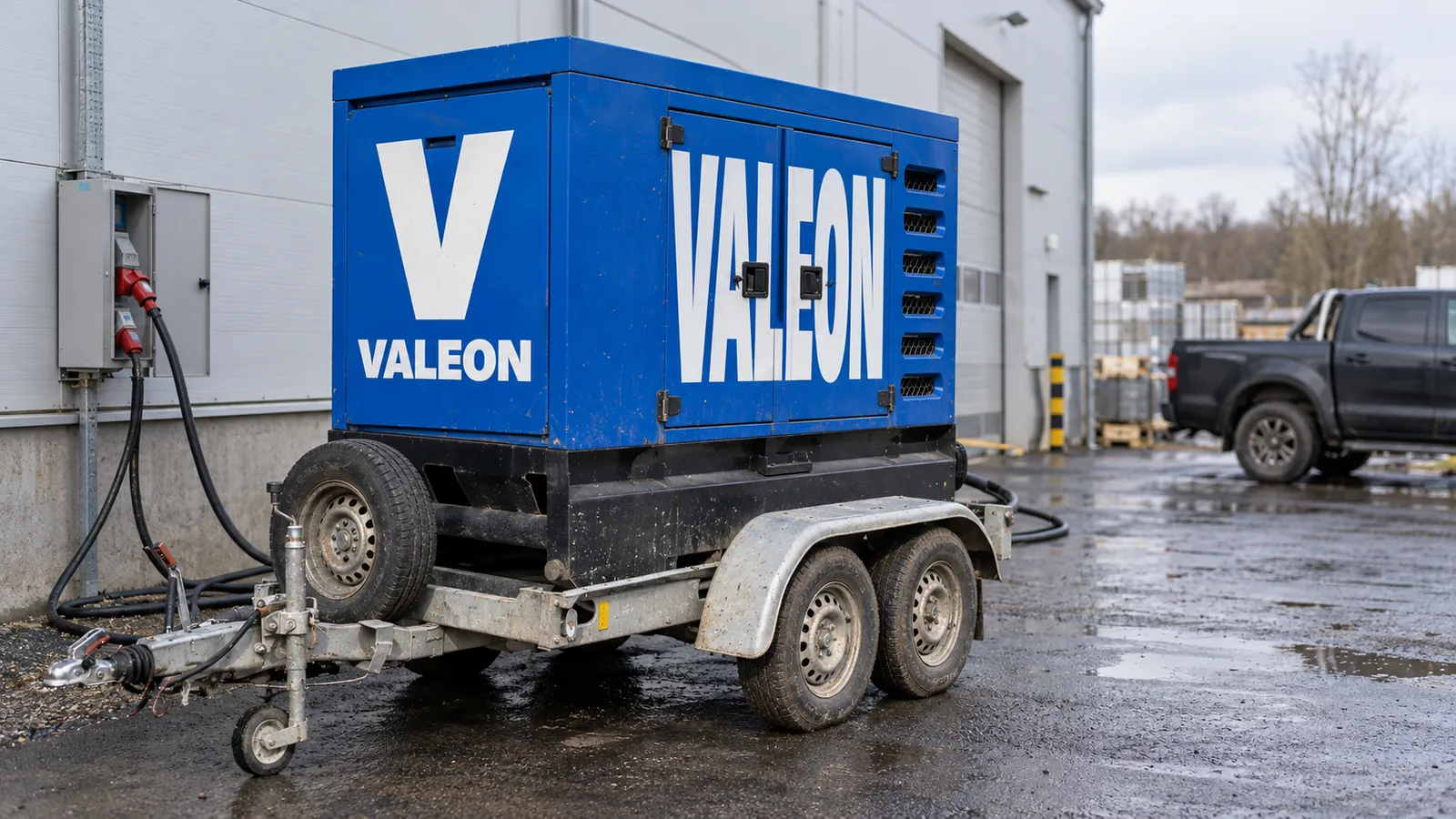 Modrá mobilní elektrocentrála Valeon na přívěsu stojí u výrobní haly a kabelem napájí rozvaděč
