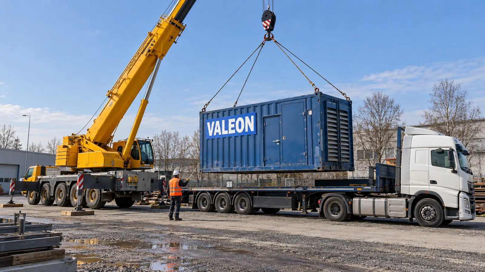 Autojeřáb skládá kontejnerovou elektrocentrálu Valeon z návěsu kamionu v průmyslovém areálu