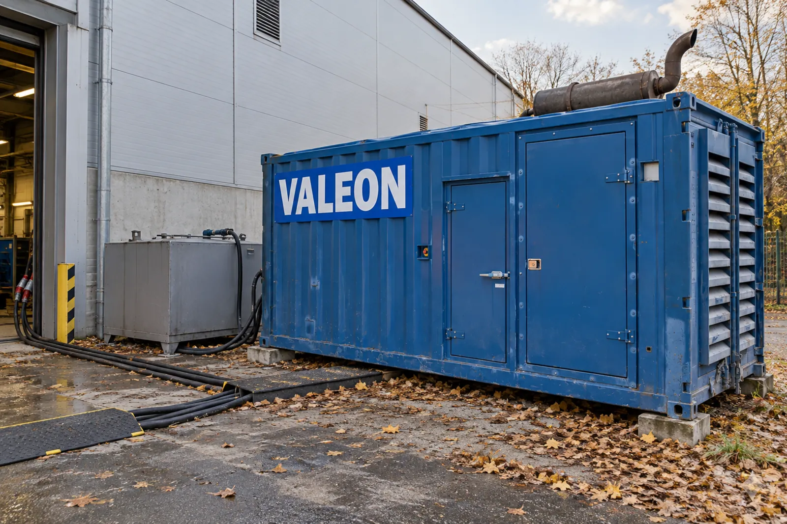 Stacionární elektrocentrála Valeon s externí palivovou nádrží napájí výrobní halu při dlouhodobém provozu