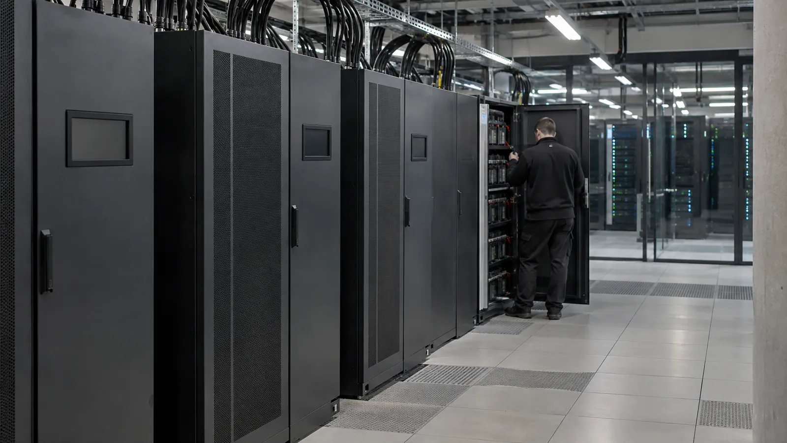 Řada skříní UPS a baterií v technické místnosti datového centra, v pozadí racky se servery