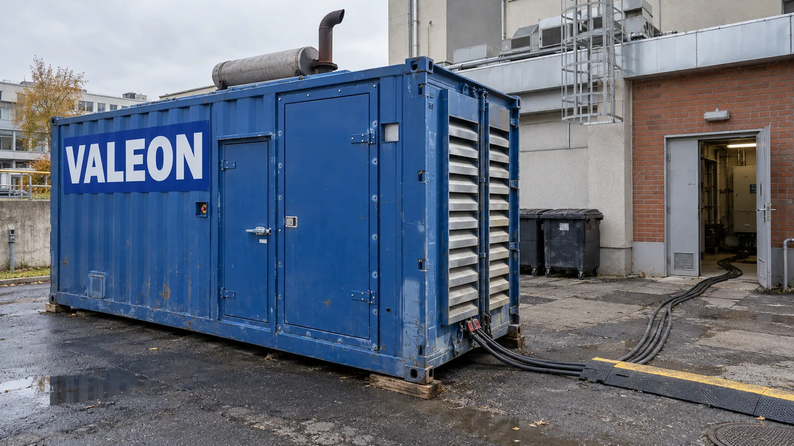 Modrá kontejnerová elektrocentrála Valeon na technickém dvoře nemocničního areálu, kabely vedou do technické místnosti