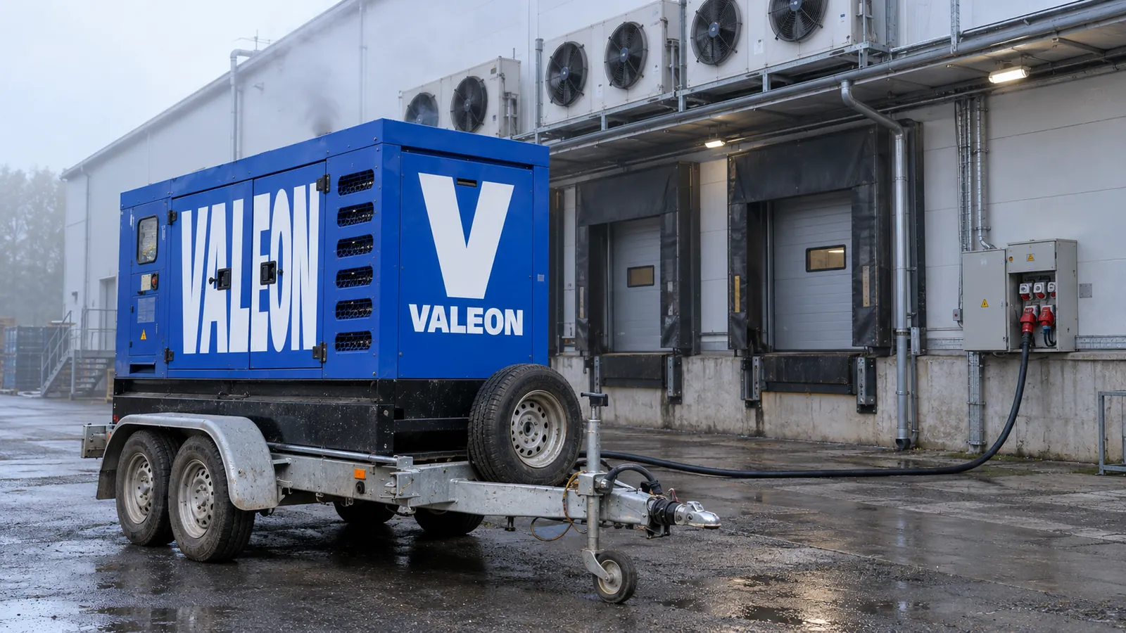 Modrá mobilní elektrocentrála Valeon na přívěsu u haly s chladírnou, kabel vede k rozvaděči na fasádě
