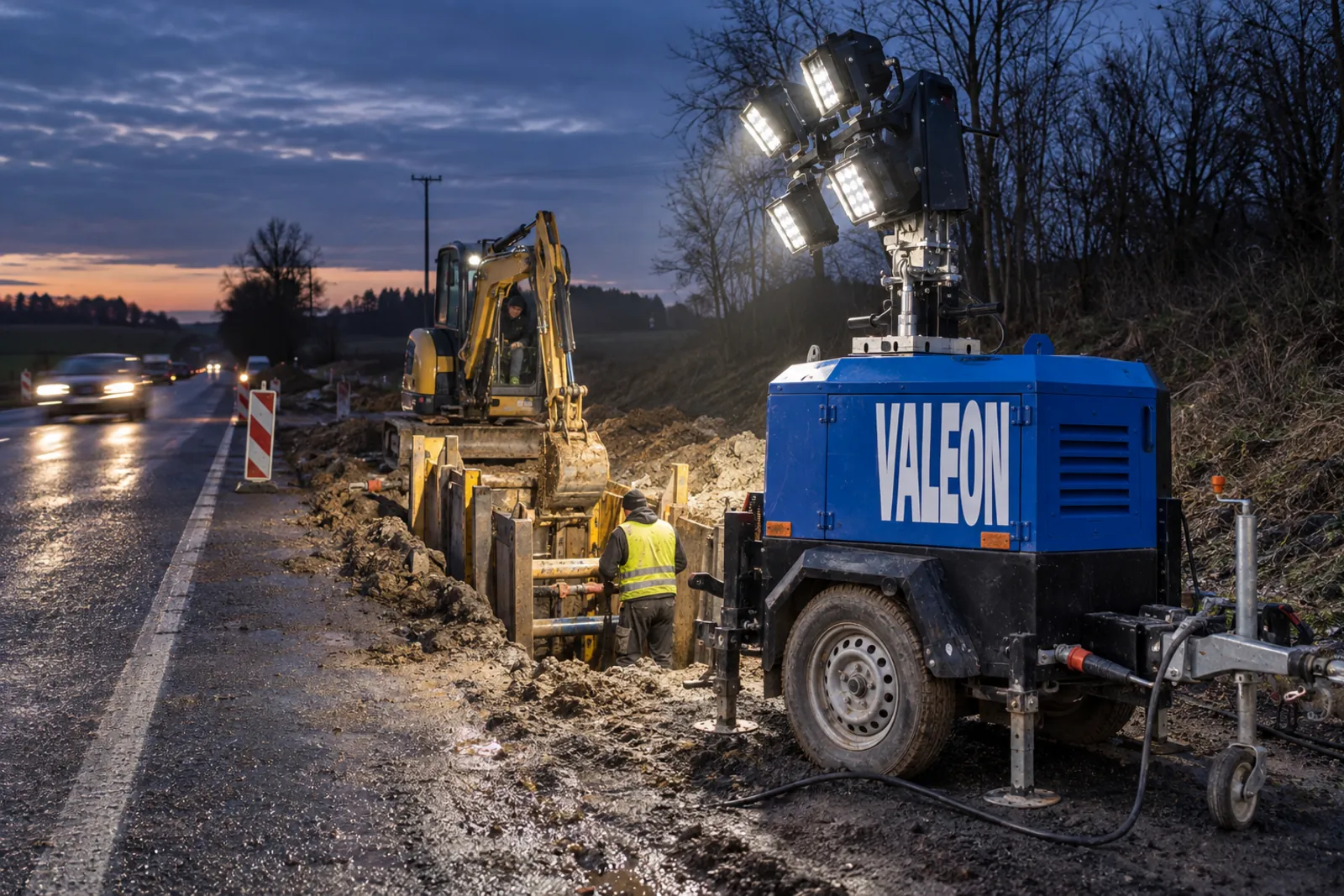 Světelná věž Valeon na krajnici svítí do výkopu s bagrem a silnice vedle zůstává bez oslnění