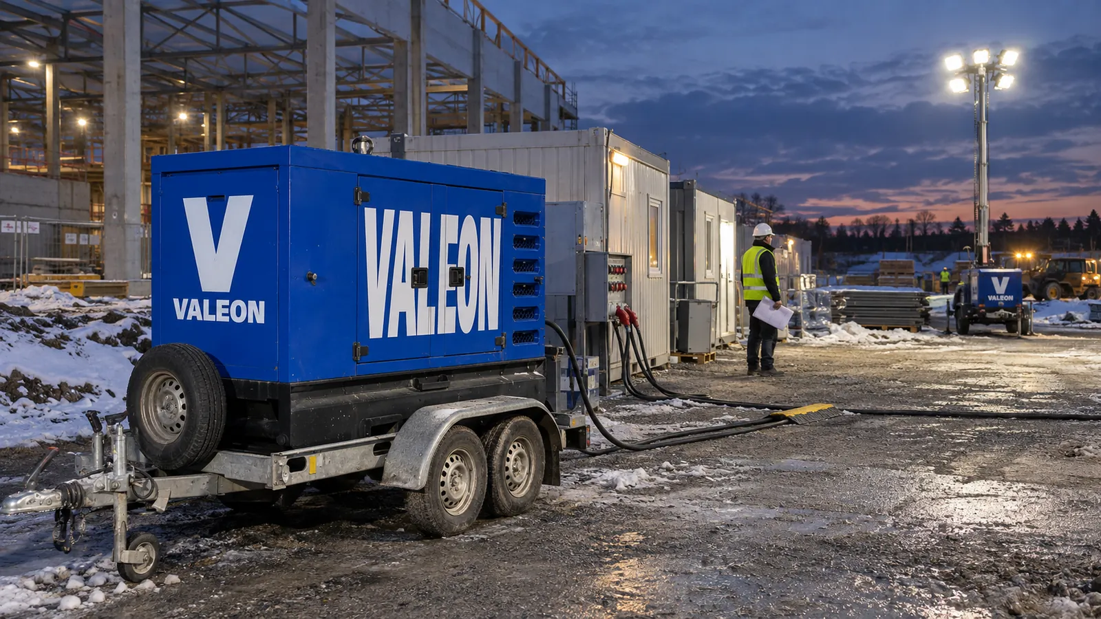Elektrocentrála Valeon na přívěsu napájí stavební buňky a vzadu světelná věž osvětluje příjezd a skládku materiálu