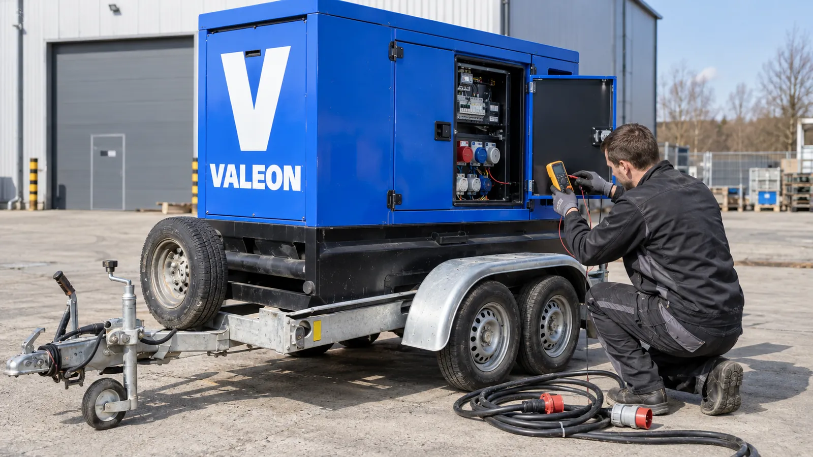 Technik měří multimetrem napětí na svorkách elektrocentrály Valeon při hledání závady buzení