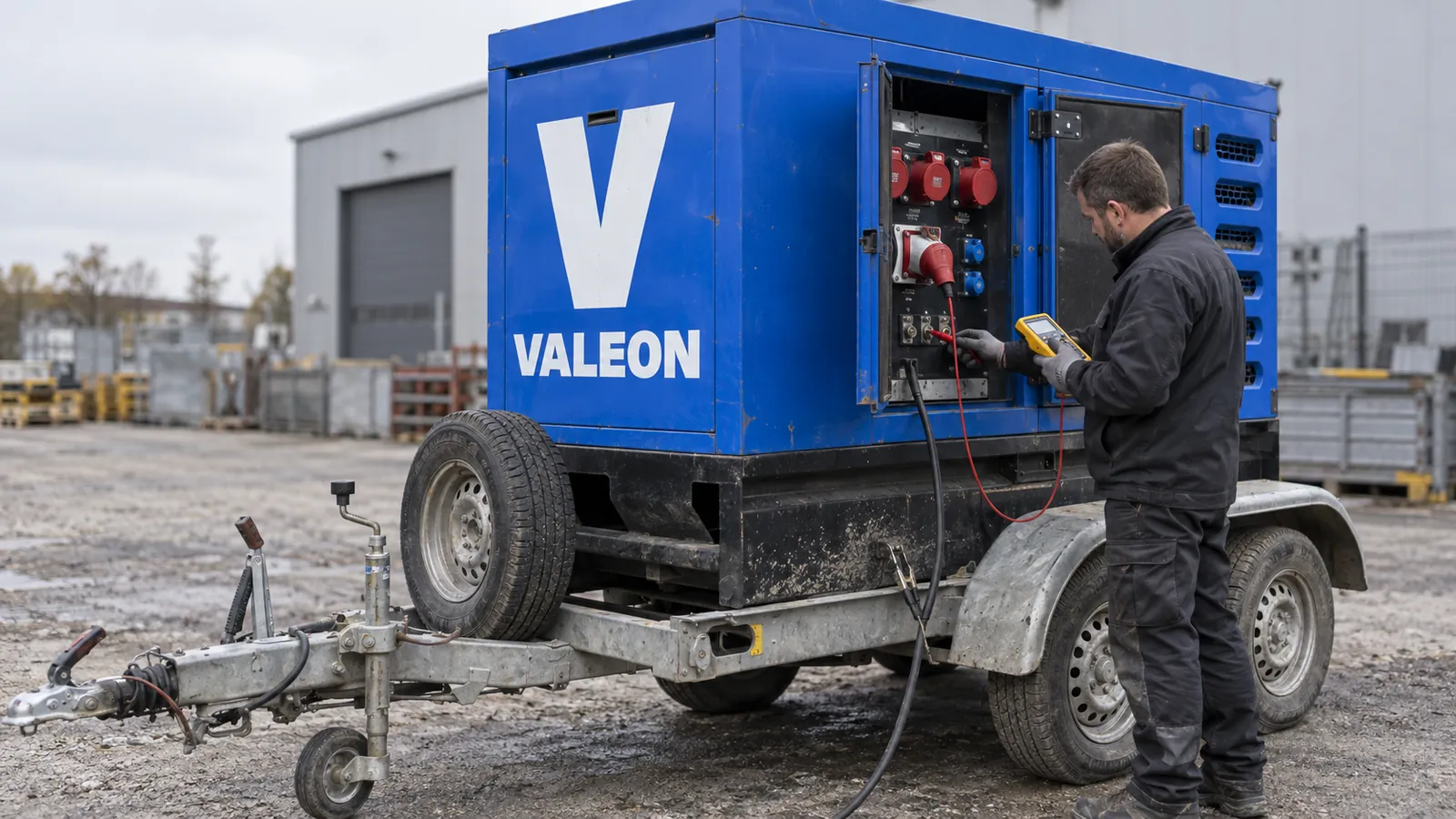 Revizní technik měří ochranné vodiče v rozvaděči modré mobilní elektrocentrály Valeon