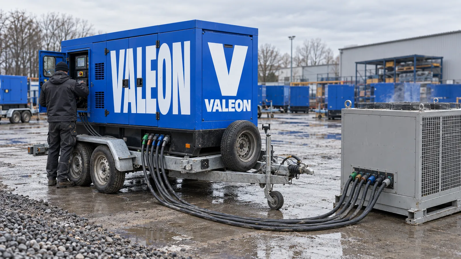 Zátěžová zkouška: modrá elektrocentrála Valeon připojená kabely k mobilnímu odporníku
