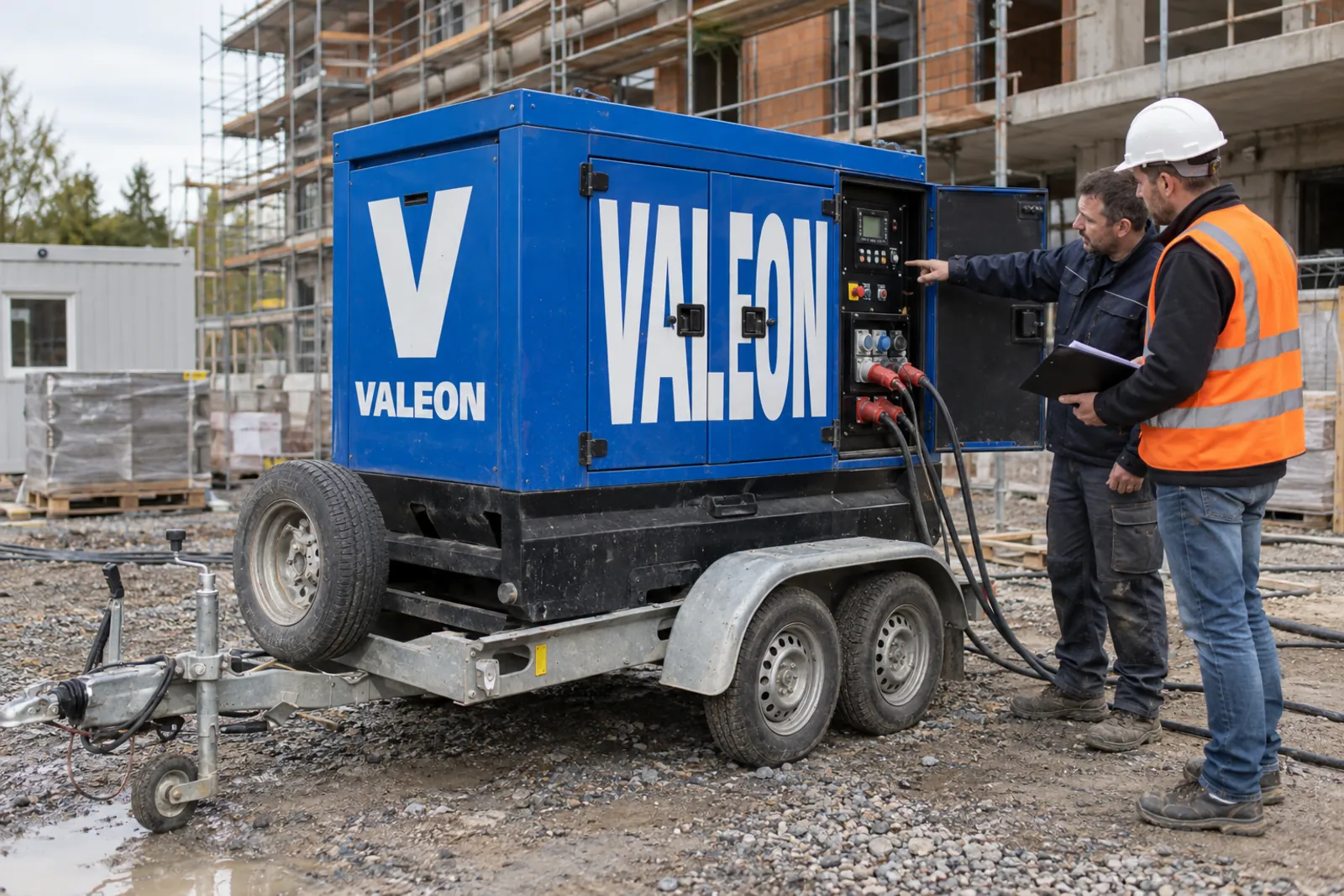 Technik Valeon předává elektrocentrálu na stavbě a seznamuje stavbyvedoucího s obsluhou