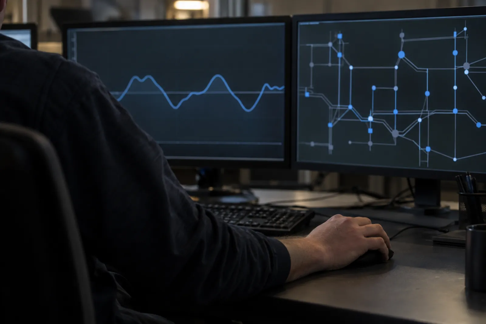 Dispečer u pultu sleduje na monitoru průběh frekvence v elektrické síti