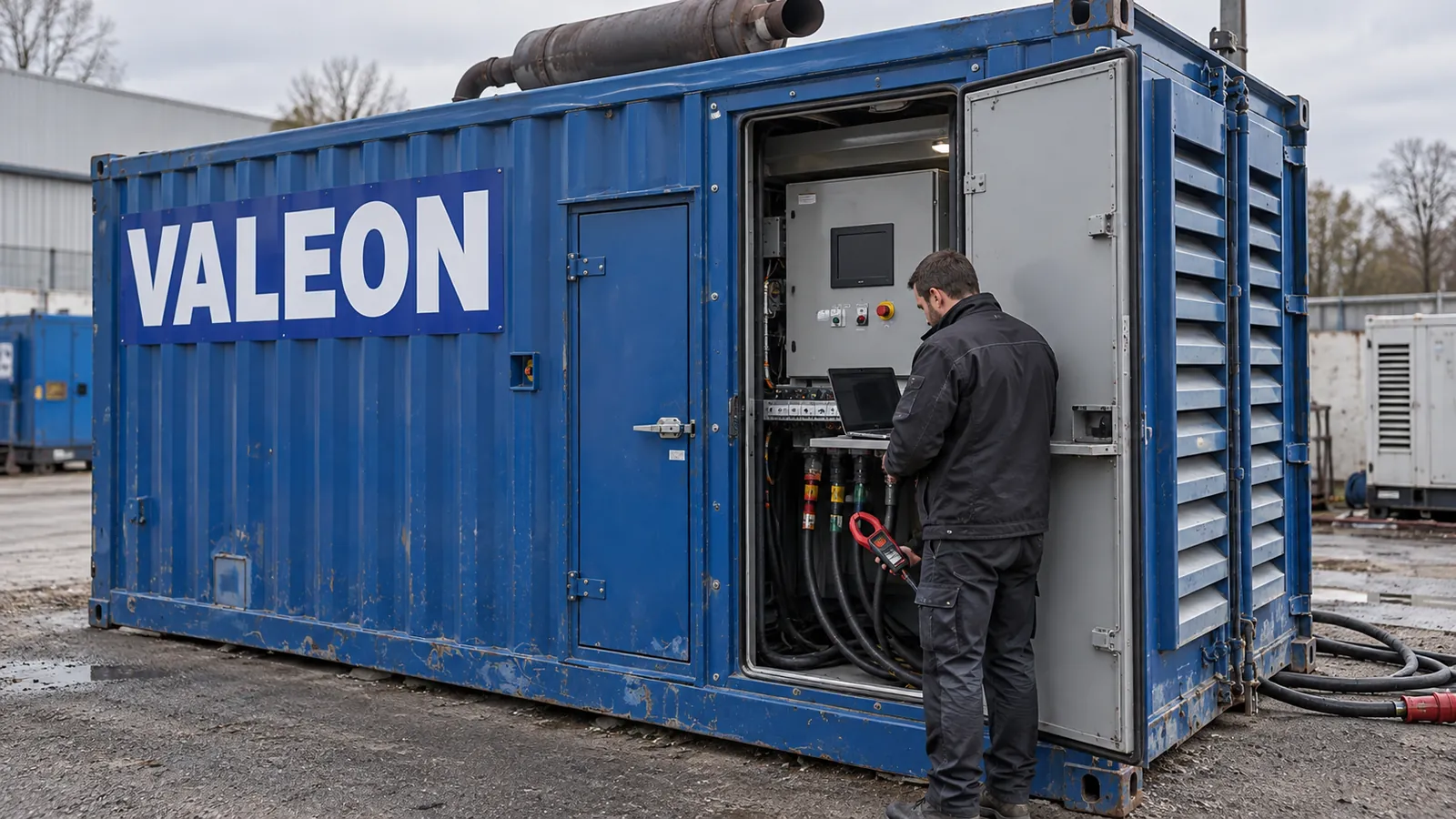 Technik s notebookem u otevřeného ovládacího panelu kontejnerového dieselagregátu Valeon během měření