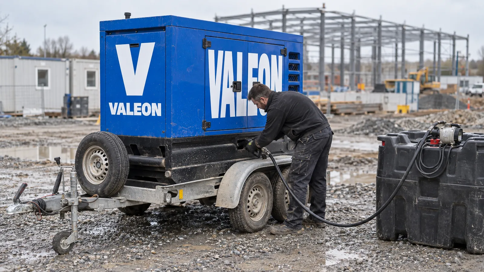 Technik doplňuje naftu z mobilní nádrže do modré elektrocentrály Valeon na stavbě