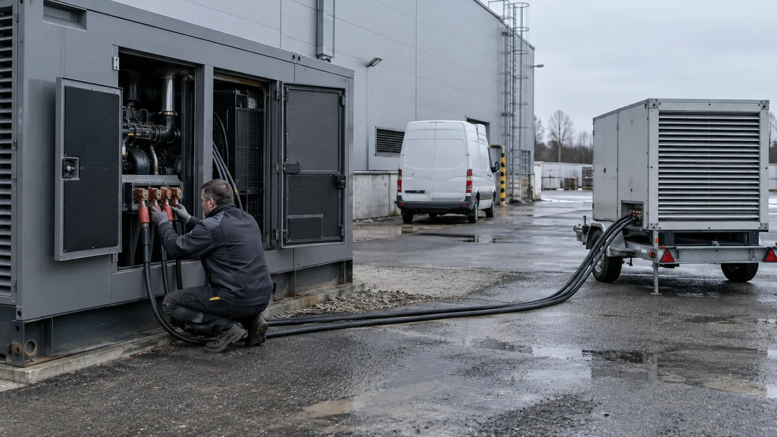 Technik připojuje kabely mobilní odporové zátěže na přívěsu ke stacionárnímu dieselagregátu v kontejneru za výrobní halou